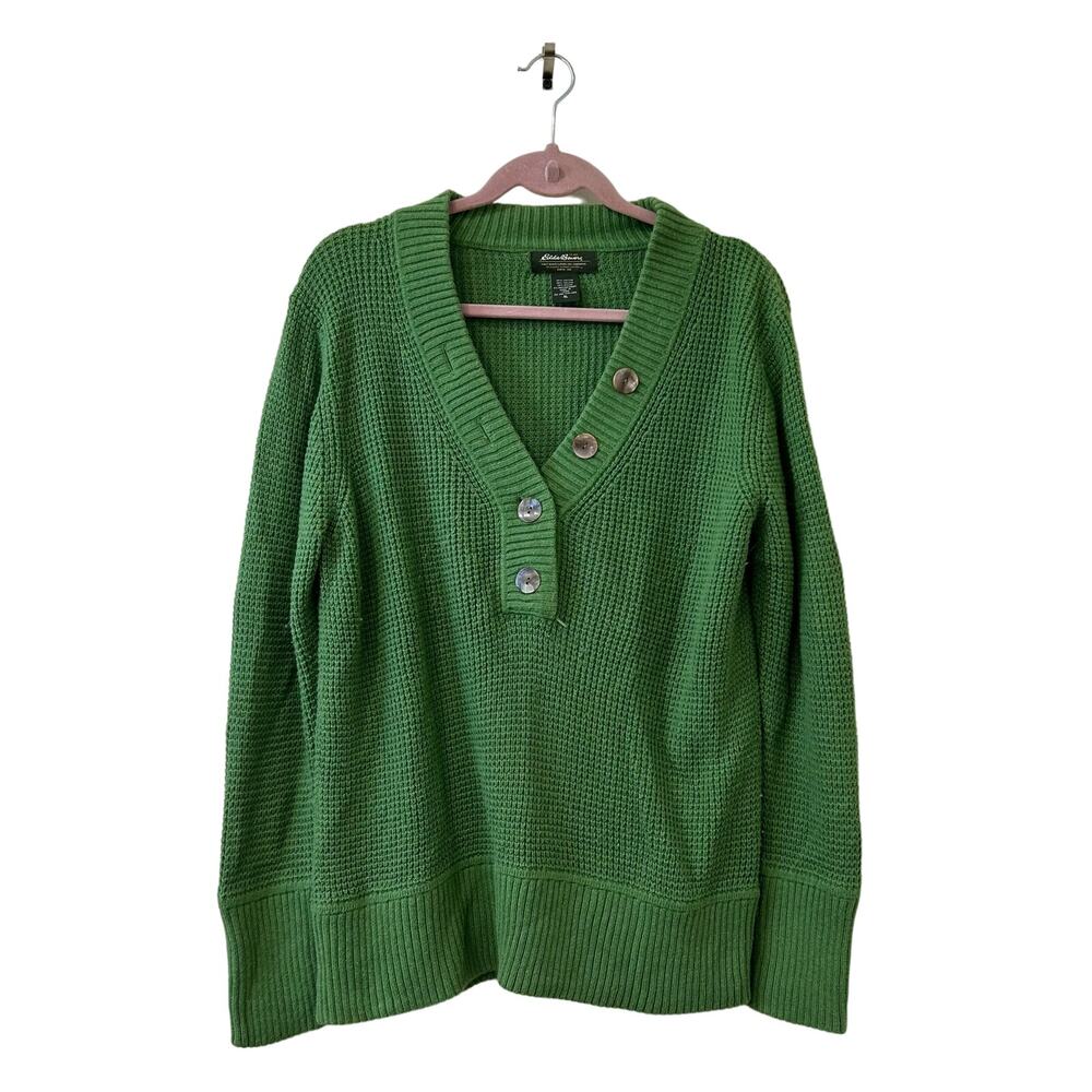 Eddie Bauer Women XL Green Henley Waffle Knit Sweater Y2K Outdoors Angora Blend